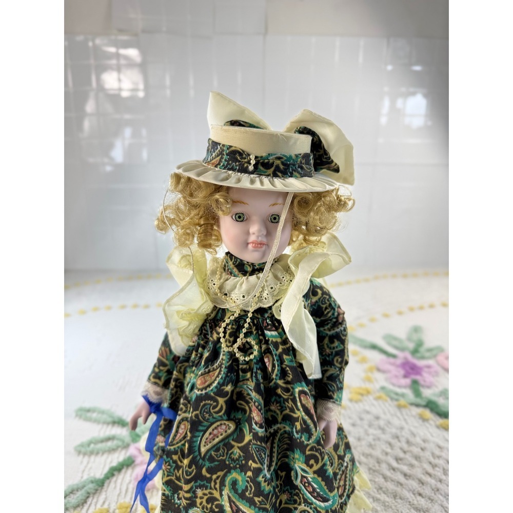 Vintage Porcelain Doll Victorian Style Paisley Dress Green Eyes Blonde Hair 15" - Picture 2 of 6